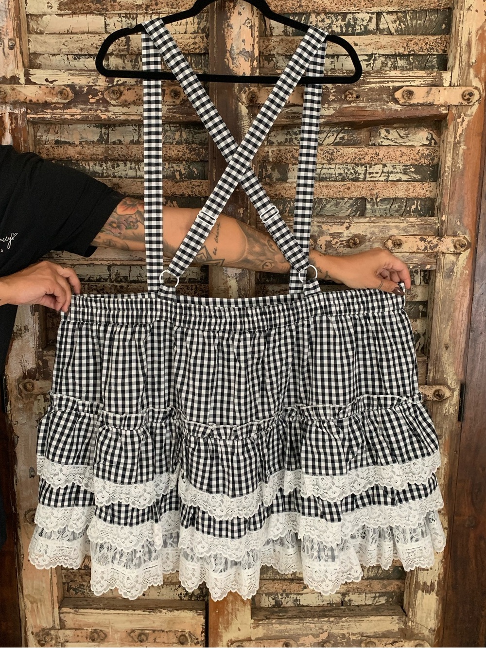 NWT Hot Topic Thorn & Fable Black White Gingham Lace Suspender Skirt, Goth, 5